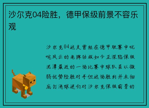 沙尔克04险胜，德甲保级前景不容乐观