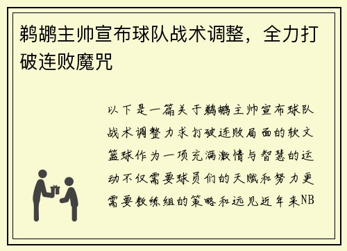 鹈鹕主帅宣布球队战术调整，全力打破连败魔咒