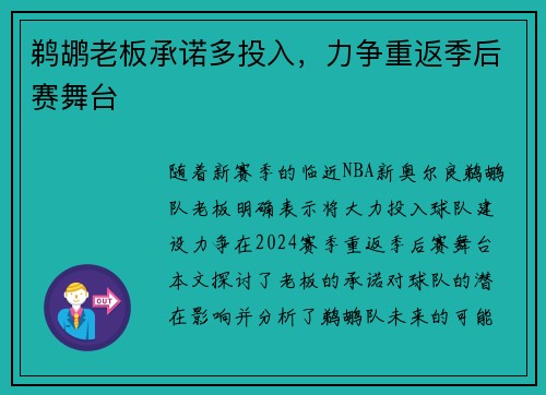 鹈鹕老板承诺多投入，力争重返季后赛舞台
