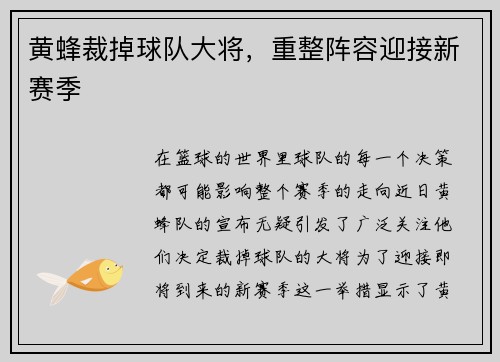 黄蜂裁掉球队大将，重整阵容迎接新赛季