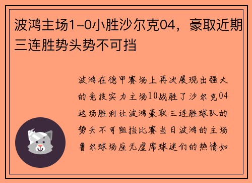 波鸿主场1-0小胜沙尔克04，豪取近期三连胜势头势不可挡