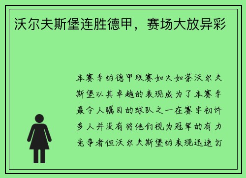 沃尔夫斯堡连胜德甲，赛场大放异彩
