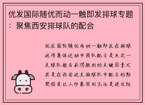 优发国际随优而动一触即发排球专题：聚焦西安排球队的配合